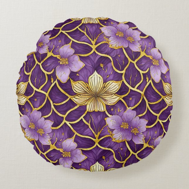 Lila Gold der japanischen Flora Rundes Kissen (Vorderseite)