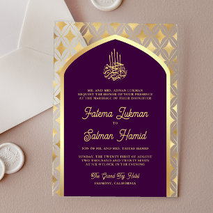Lila Gold Diamanten Bogen Muslimische Hochzeit Acryleinladungen