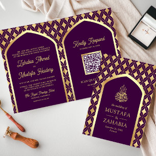 Lila Gold Diamanten Bogen QR Code Muslimische Hoch Einladung