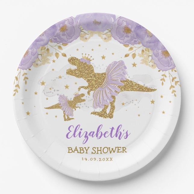 Lila Gold Dinosaur Tutu Tiara Girl Baby Dusche Pappteller (Vorderseite)