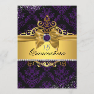 Lila Gold Elegante Damask Quinceanera Einladung
