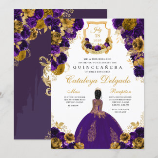 Lila & Gold Flora Elegante Quinceñera Einladung