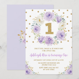 Lila Gold Floral 1. Geburtstag Wildes ein Party Einladung