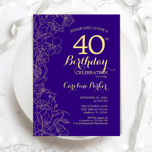 Lila Gold Floral 40. Geburtstag Party Einladung