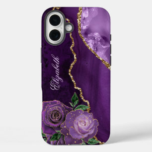 Lila Gold Floral Agate Monogramm iPhone 16 Plus Hülle