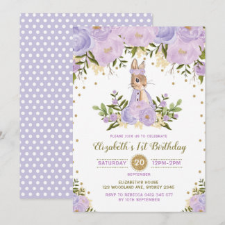 Lila Gold Floral Bunny Birthday Einladen Woodland Einladung