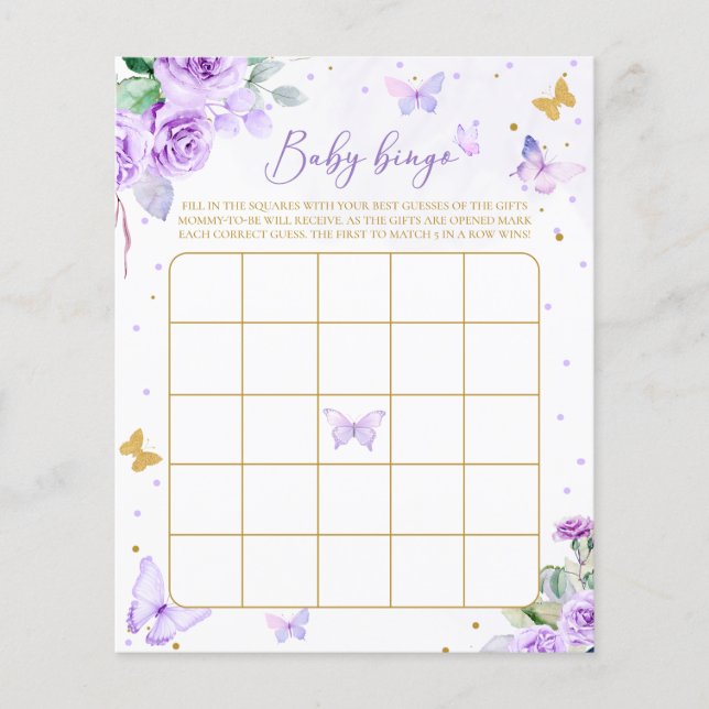 Lila Gold Floral Butterfly Baby Bingo Spiel (Vorderseite)