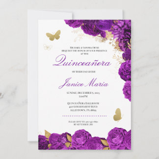 Lila Gold Floral Butterfly Elegantes Quinceañera Einladung