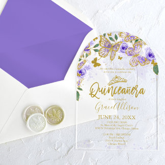 Lila Gold Floral Butterfly Quinceañera Acryleinladungen