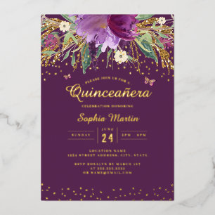 Lila Gold Floral Butterfly Quinceanera Folieneinladung
