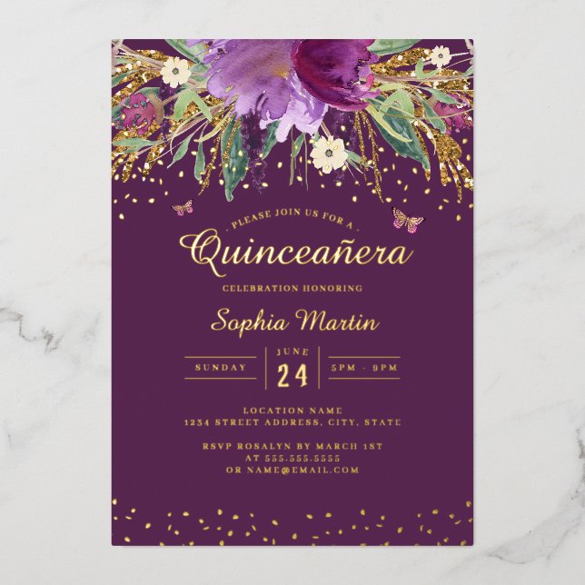 Lila Gold Floral Butterfly Quinceanera Folieneinladung (Vorderseite)