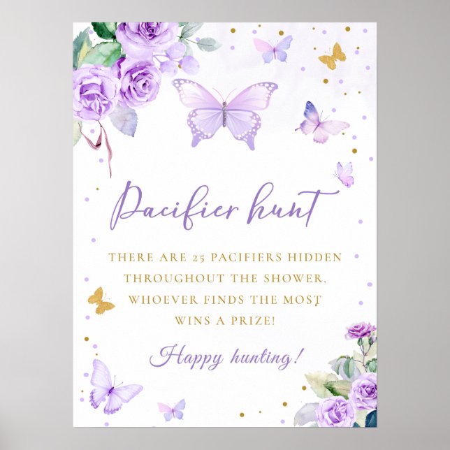 Lila Gold Floral Butterfly Schnuller Jagdspiel Poster (Vorne)