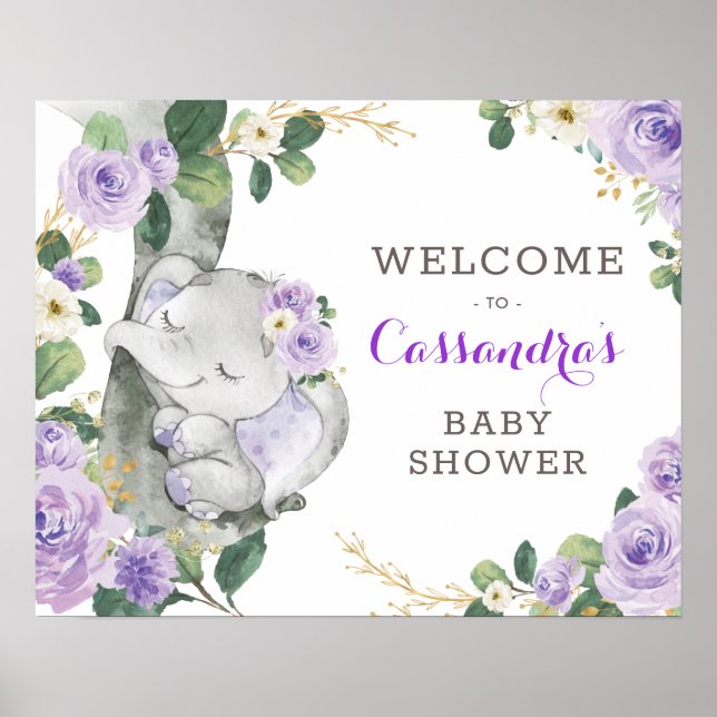 Lila Gold Floral Elefantengrün Begrüßungszeichen Poster (Vorne)