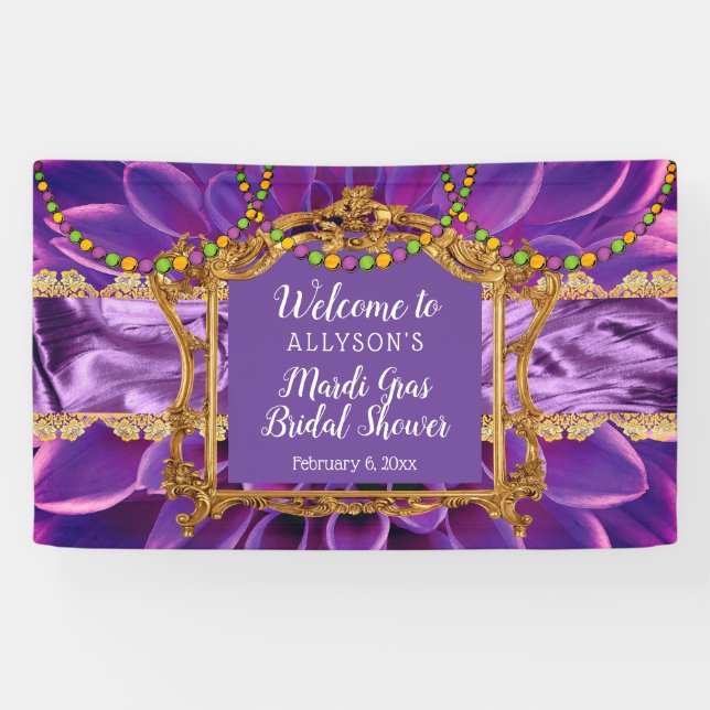 Lila | Gold Floral Mardi Gras Brautparty Banner (Horizontal)