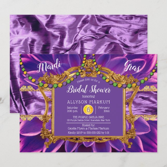 Lila | Gold Floral Mardi Gras Brautparty Einladung (Vorne/Hinten)