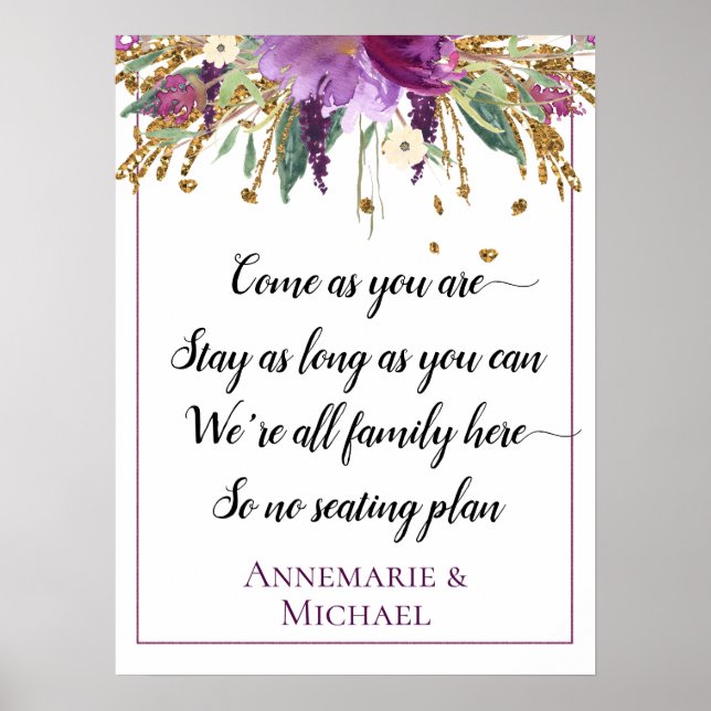 Lila Gold Floral No Seetest Plan Hochzeit Zeichen Poster (Vorne)