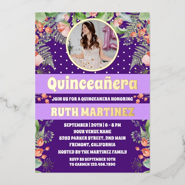Lila Gold Floral Quinceanera Party Foto Folieneinladung (Vorderseite)