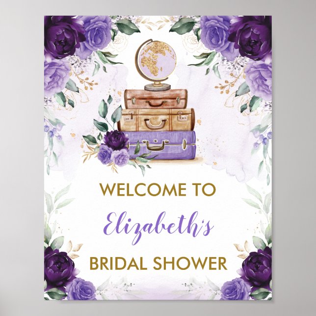 Lila Gold Floral Reiseerlebnis Brautparty Poster (Vorne)