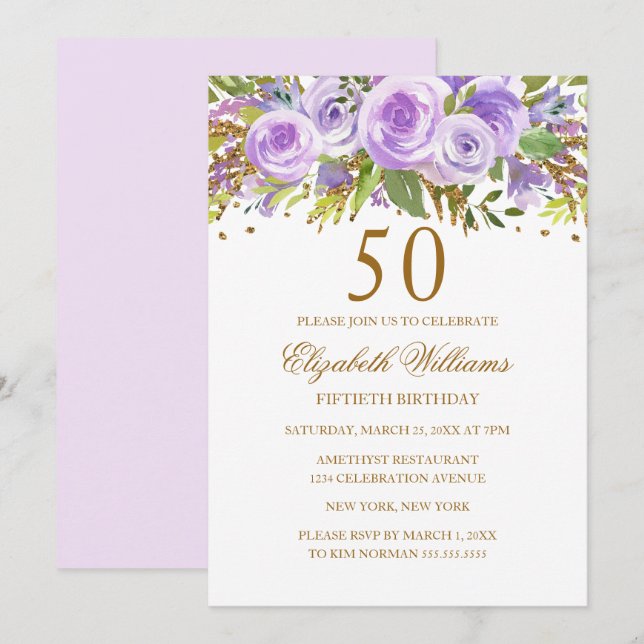 Lila Gold Floral Rose 50. Geburtstag Einladung (Vorne/Hinten)