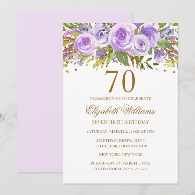 Lila Gold Floral Rose 70. Geburtstag Einladung (Vorne/Hinten)