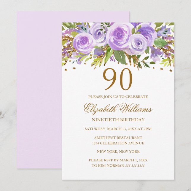 Lila Gold Floral Rose 90. Geburtstag Einladung (Vorne/Hinten)