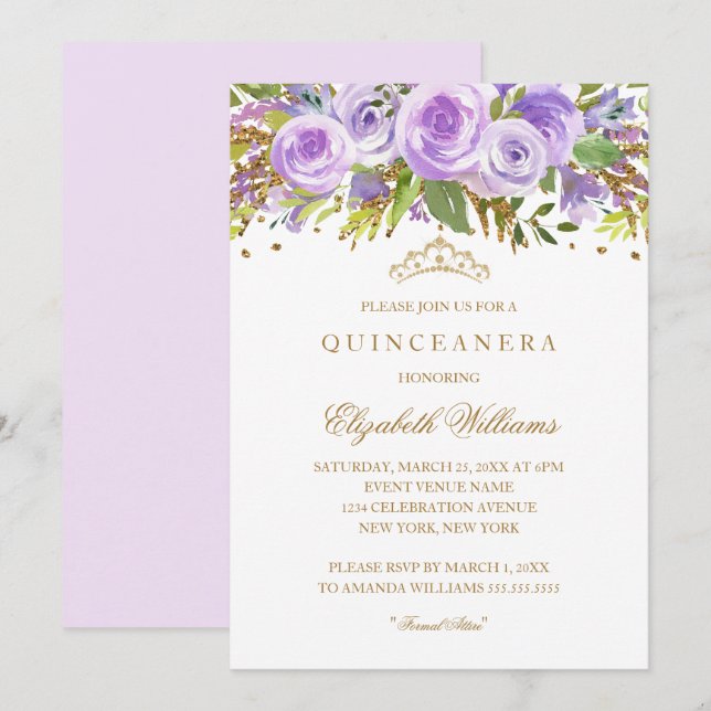 Lila Gold Floral Rose Quinceanera Einladung (Vorne/Hinten)