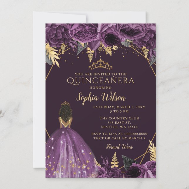 Lila Gold Floral Tan Princess Quinceañera Einladung (Vorderseite)