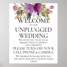 Lila Gold Floral Unplugged Wedding Ceremony Sign Poster