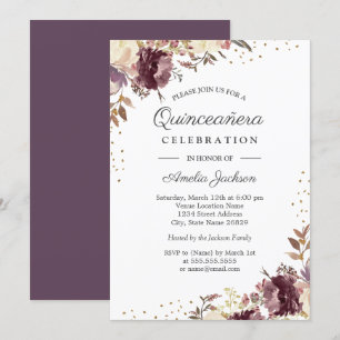 Lila Gold Floral Watercolor Quinceanera Einladung
