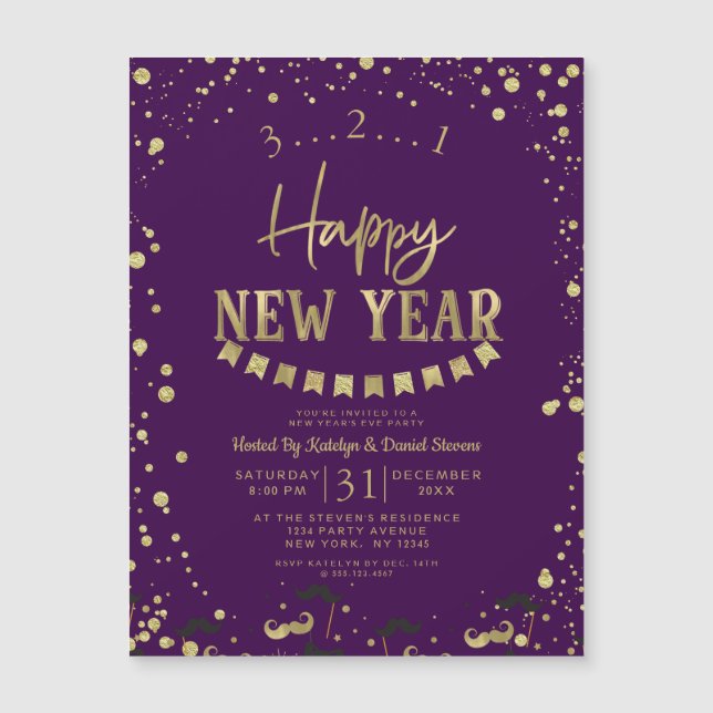 Lila & Gold Foil Confetti Silvester Party Magnetkarte (Vorderseite)