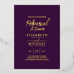 Lila Gold Foil Hochzeit Probe und Abendessen Folieneinladung