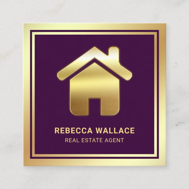 Lila Gold Foil Zuhause Logo Real Anwesen Agent Quadratische Visitenkarte (Vorderseite)