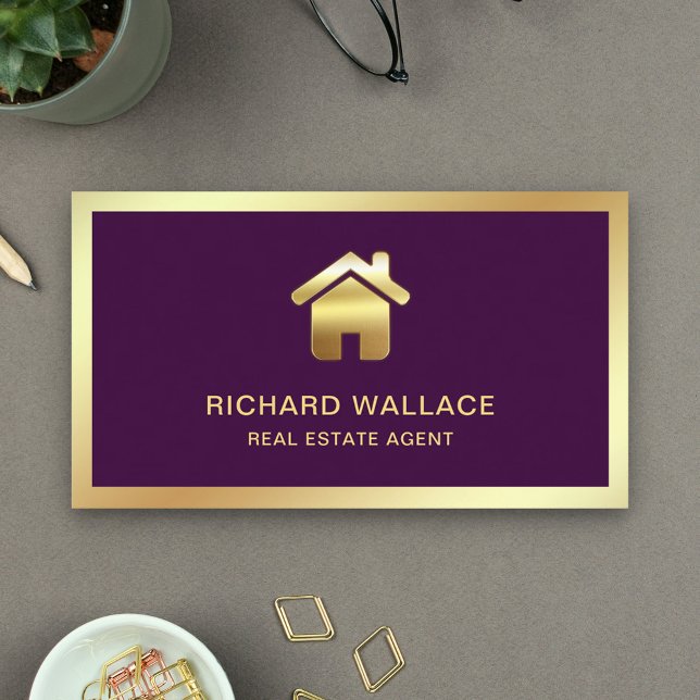 Lila Gold Foil Zuhause Logo Real Anwesen Agent Visitenkarte (Von Creator hochgeladen)