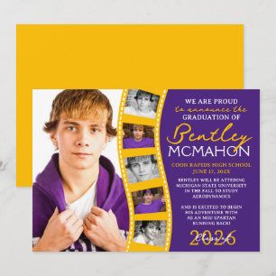 Lila & Gold Foto Filmstrip Grad Bekanntgabe Einladung