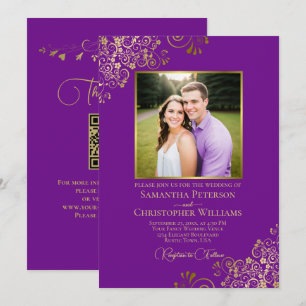 Lila & Gold Foto & QR Code Extravagant Hochzeit Einladung