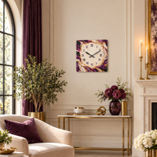 Lila Gold-Geoden-Marmor-Kunst Römische Ziffer Luxu Quadratische Wanduhr