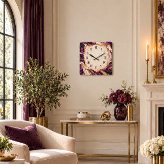 Lila Gold-Geoden-Marmor-Kunst Römische Ziffer Luxu Quadratische Wanduhr