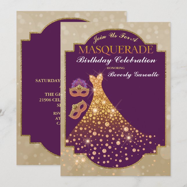 Lila Gold Glam Birthday Masquerade Einladung (Vorne/Hinten)