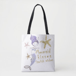 Lila Gold Glitter Meerjungfrau Wünsche Seestern Kü Tasche