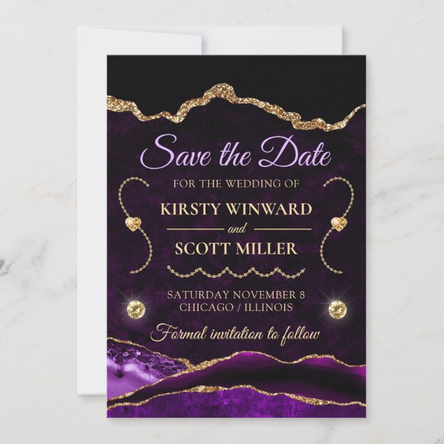 Lila Gold Glitzer Agate und Marmor Save the Date Einladung (Vorderseite)
