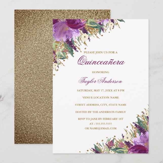 Lila Gold Glitzer Amethyst Floral Quinceanera Einladung (Vorne/Hinten)
