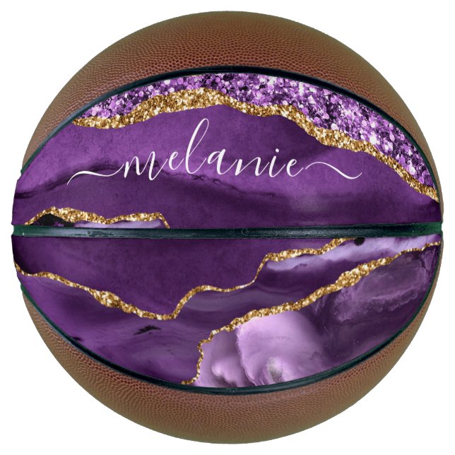 Lila Gold Glitzer Basketball mit Individuelle Name (Vorderseite)