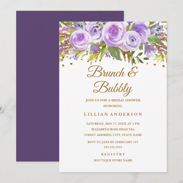 Lila Gold-Glitzer-Blumenbrunch mit Rose Einladung (Vorne/Hinten)