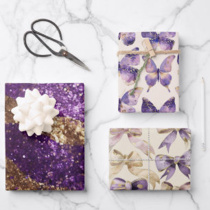 Lila Gold Glitzer Butterfets Bows Geburtstag Geschenkpapier Set