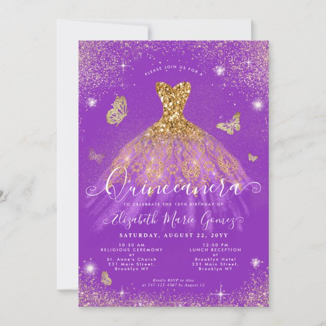 Lila Gold Glitzer Butterfly Gourmet Quinceanera Einladung (Vorderseite)