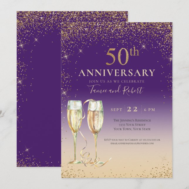 Lila Gold Glitzer Champagne 50 Jahre Jubiläum Einladung (Vorne/Hinten)
