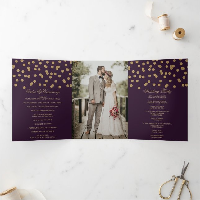 Lila Gold Glitzer Confetti Foto Wedding Dreifach-gefaltete Programmkarte (Innenseite)