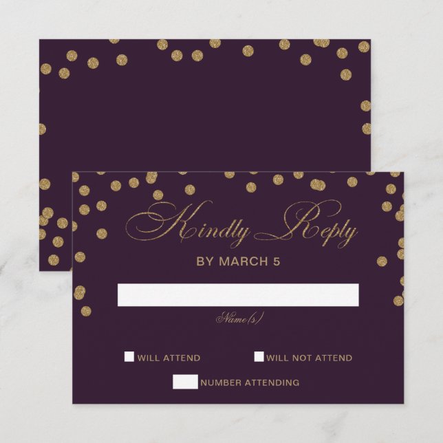 Lila Gold Glitzer Confetti Hochzeitsfeier RSVP Karte (Vorne/Hinten)