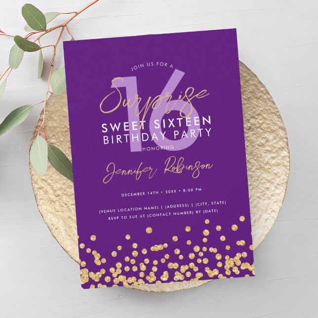 Lila Gold Glitzer Confetti Überraschung Sweet 16 Einladung (Purple Gold Glitter Confetti Surprise Sweet 16 Invitation)