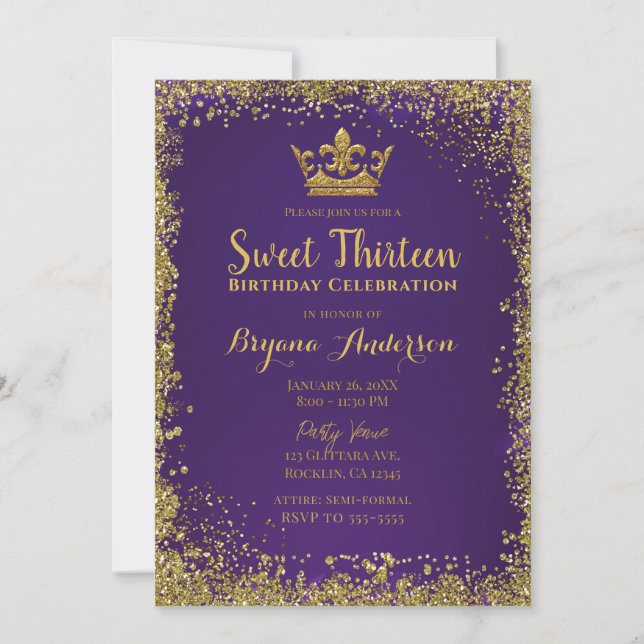 Lila & Gold Glitzer Crown Sweet 13 Party Einladung (Vorderseite)